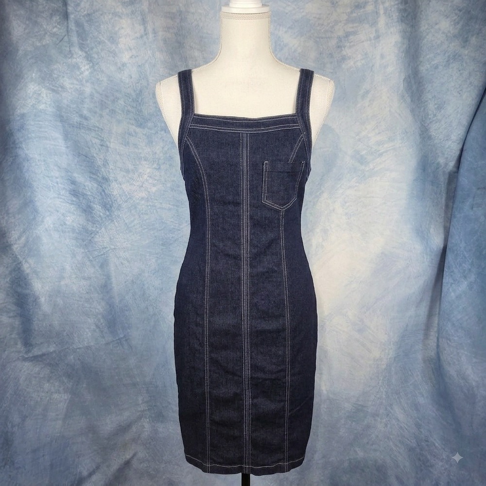 BDG Women Dark Wash Denim Midi Dress White Contrast Stitch Size M Side Zip Slit
